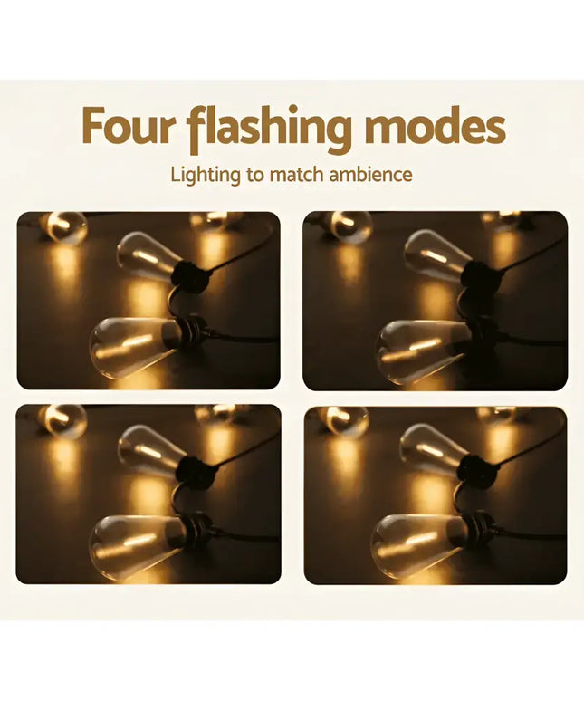 Black Solar Festoon String Lights with 20 Bulbs showing four flashing modes
