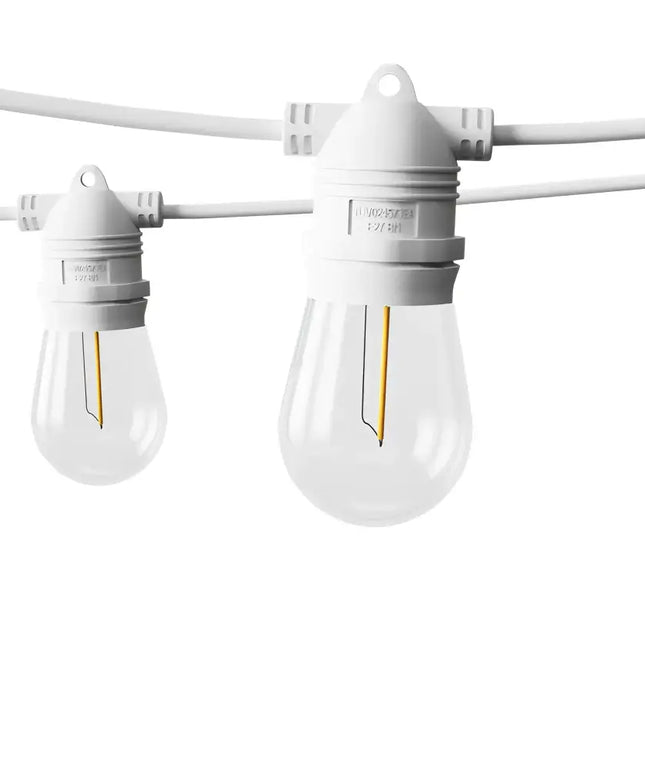 White string lights with clear bulbs from the 23m White Festoon String Lights with 20 Bulb Plug in Kit