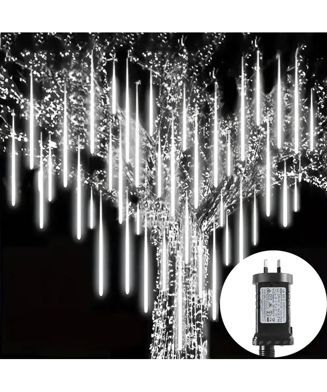 Illuminated meteor shower lights for outdoor Christmas decoration in cool white color