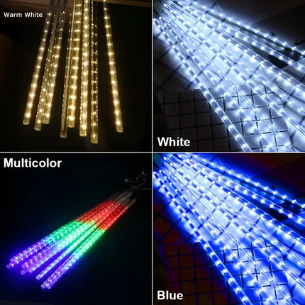 LED meteor shower rain string lights in various colors for outdoor Christmas decoration