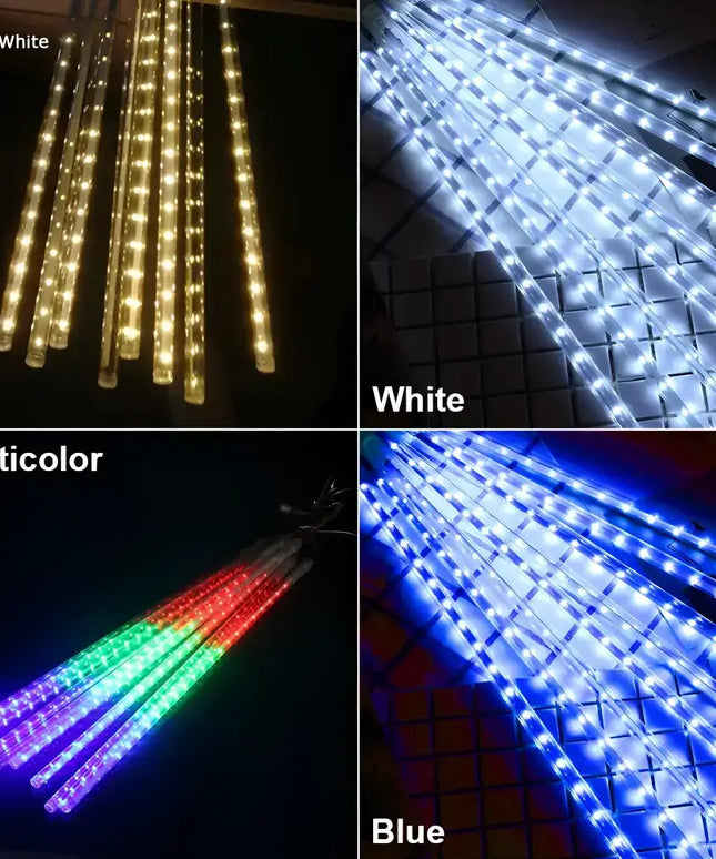 LED meteor shower rain string lights in various colors for outdoor Christmas decoration