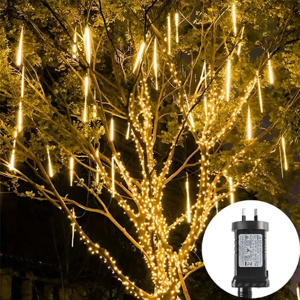 Illuminated outdoor tree decorations with 240 LED meteor shower rain string lights for Christmas
