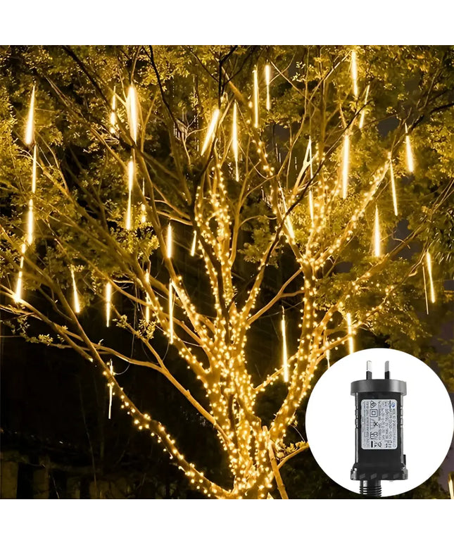 Illuminated outdoor tree decorations with 240 LED meteor shower rain string lights for Christmas