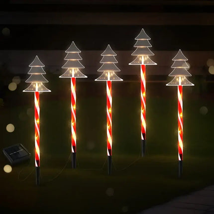 Christmas tree-shaped candy cane pathway lights from Jingle Jollys for festive garden decor