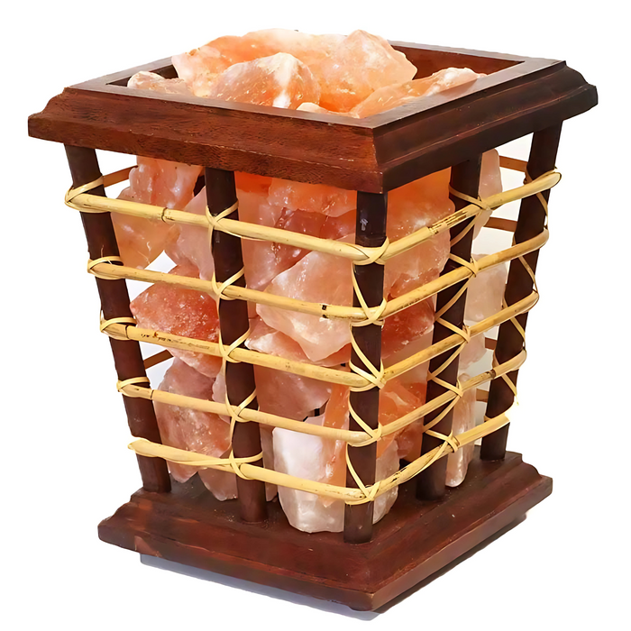 Bamboo fire basket lamp filled with 5kg Himalayan salt chunks emitting a warm glow.