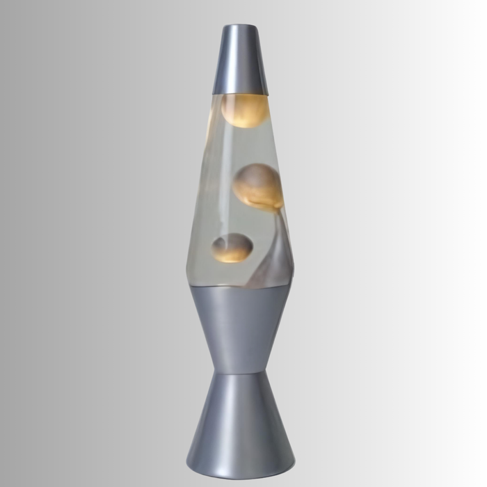 Dazzling Silver Lava Lamp in Motion – Metallic silver wax forming mesmerizing shapes inside the liquid.