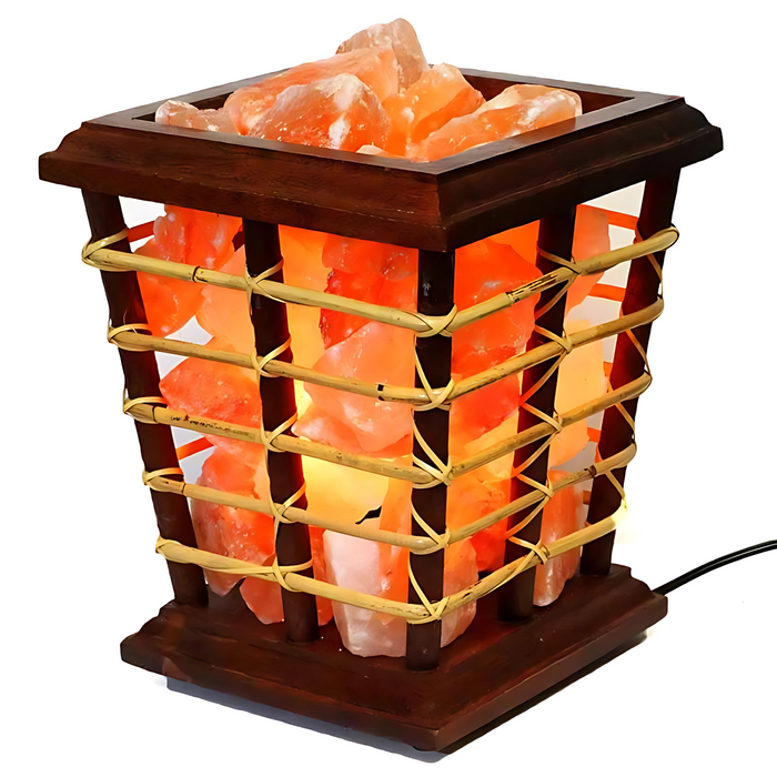 Close-up of hand-crafted Himalayan salt chunks in a bamboo basket lamp.