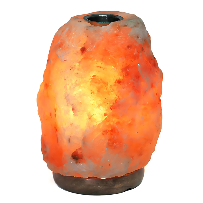 3-5kg natural-shaped oil salt lamp with a timber base, glowing warmly on a tabletop.