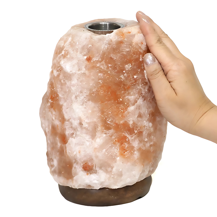 Handcrafted Himalayan salt lamp with oil burner function and Australian-standard cord.