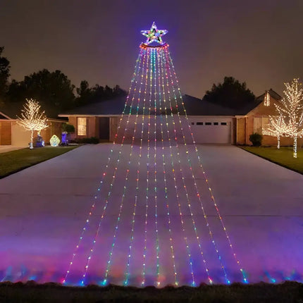 Illuminated Christmas tree light display featuring 3.5M LED Flexwire Waterfall Star Light Multi-Color