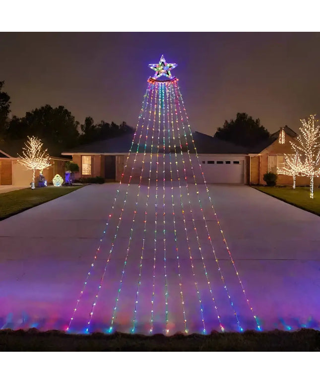 Illuminated Christmas tree light display featuring 3.5M LED Flexwire Waterfall Star Light Multi-Color