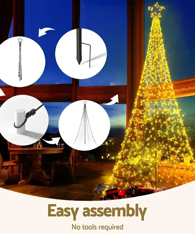 Illuminated outdoor Christmas tree with 800 LED solar net lights for festive decoration