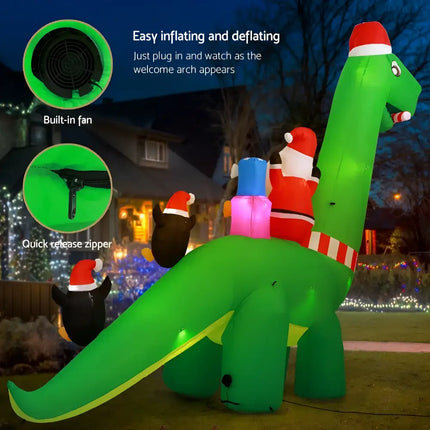 3.8M Giant Christmas Inflatable Santa Dinosaur illuminated with Santa and penguins