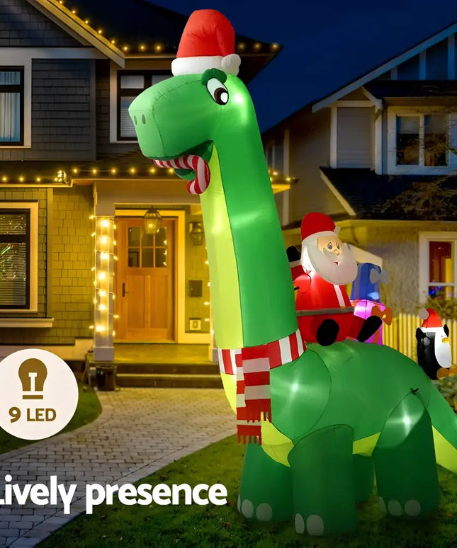 Inflatable Christmas Dinosaur decorated for holiday festive illuminated decorations