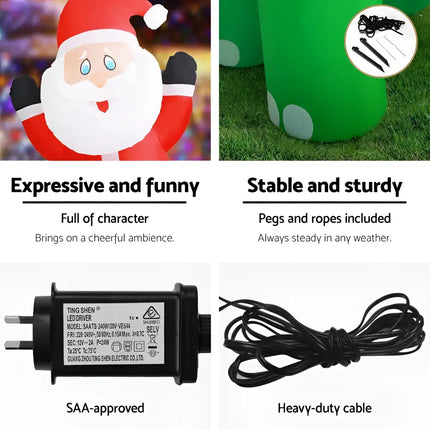 Inflatable Christmas decoration featuring illuminated Santa Dinosaur for festive display