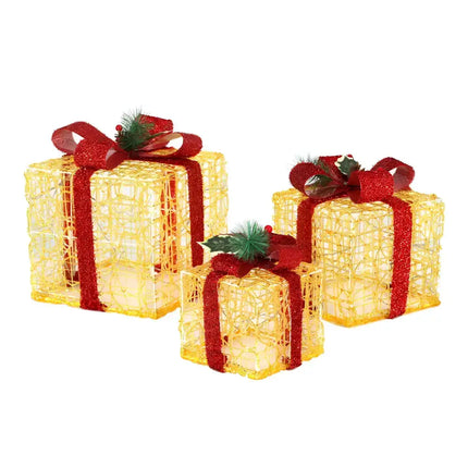 Illuminated gold wire Christmas gift boxes with red ribbons from 3 PCS Christmas Lights Gift Box Set 48 LED Decorations
