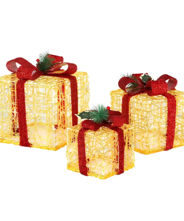 Illuminated gold wire Christmas gift boxes with red ribbons from 3 PCS Christmas Lights Gift Box Set 48 LED Decorations