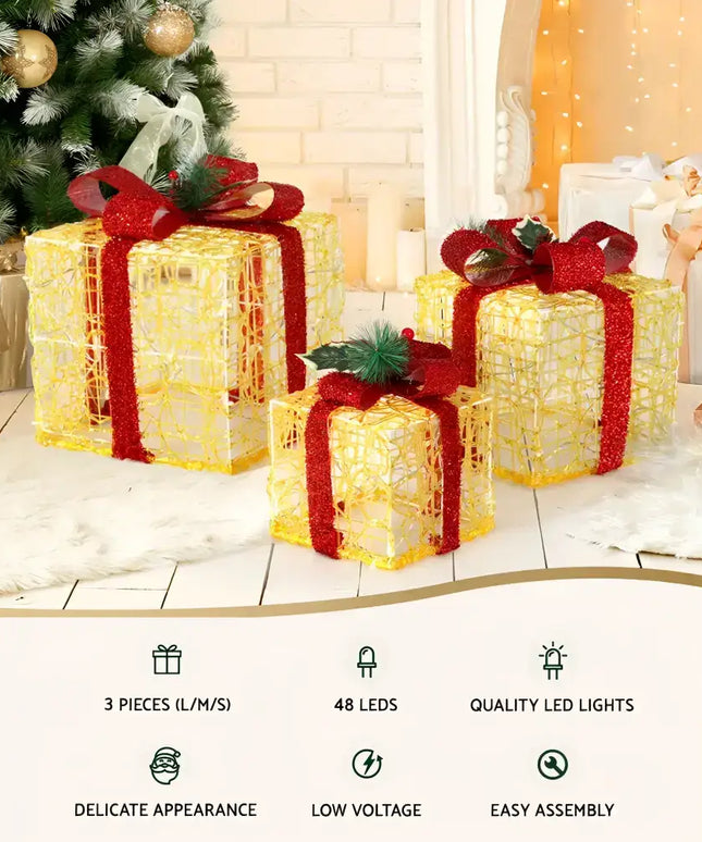 Illuminated Christmas gift boxes from the 3 PCS Christmas Lights Gift Box Set 48 LED Decorations