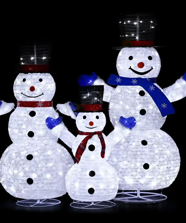 Illuminated snowman family decoration with LED fairy lights for festive holiday decor