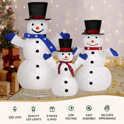 Lighted snowman figures featured in the 3-piece LED Fairy Light Snowman Decorations set