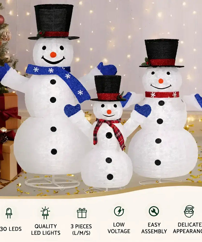 Lighted snowman figures featured in the 3-piece LED Fairy Light Snowman Decorations set