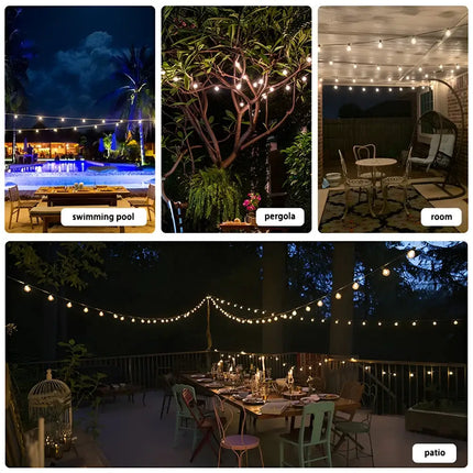 Outdoor setting illuminated by 30m Black Hanging Solar Festoon String Lights with 30 Bulb