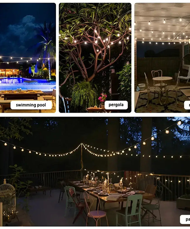 Outdoor setting illuminated by 30m Black Hanging Solar Festoon String Lights with 30 Bulb