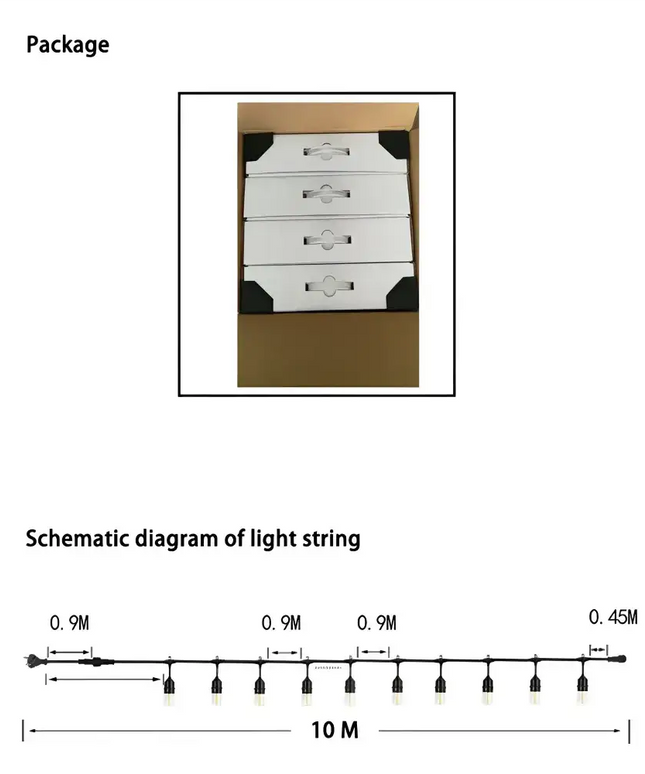 String light packaging and schematic for 30m Black Hanging Solar Festoon String Lights with 30 Bulb Kit