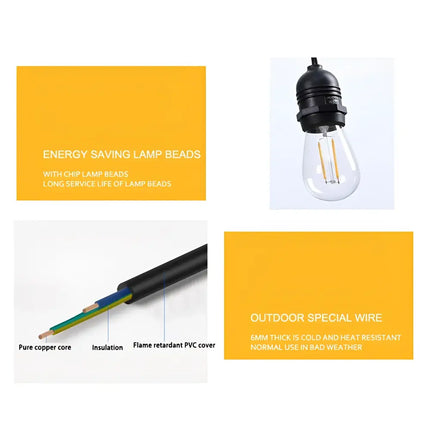 Outdoor lighting features of 30m Black Hanging Solar Festoon String Lights with 30 bulbs