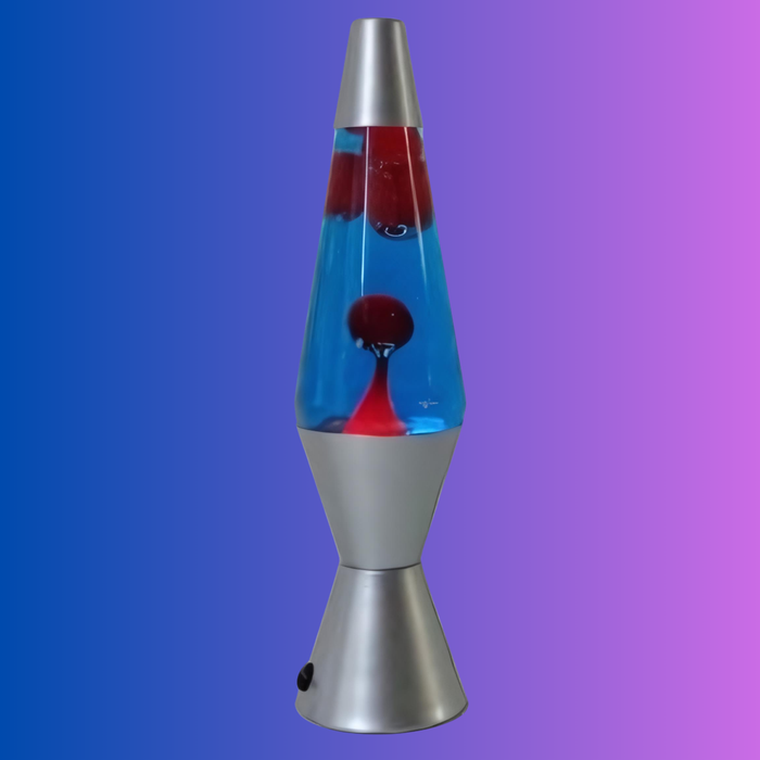 Vibrant Lava Lamp in Motion – Red wax flowing through deep blue liquid for a mesmerizing effect.
