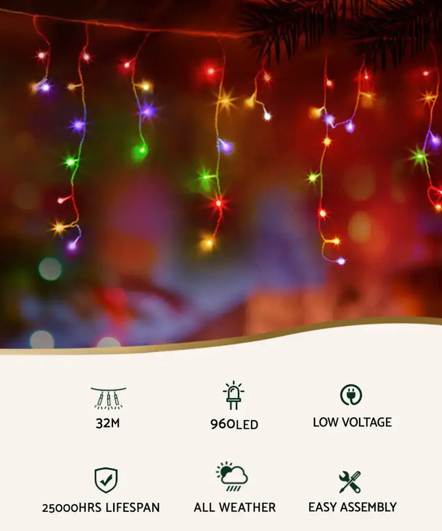 32M Christmas Icicle Lights 960 LED Multi-coloured - Occasions > Christmas > Outdoor Decorations & Lights