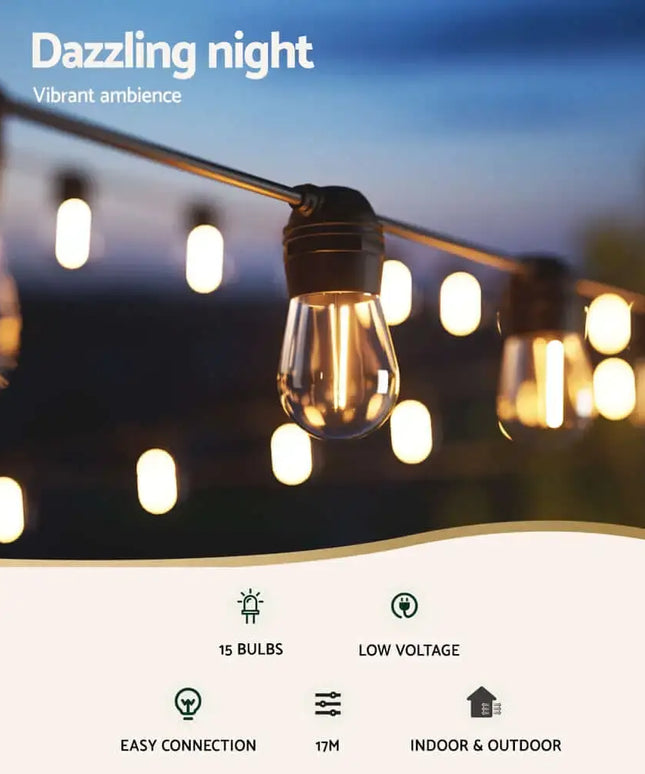 34m Black Solar Festoon String Lights with 30 Bulb Plug in Kit - Home & Garden > Lighting