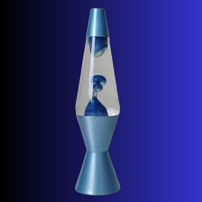 Dazzling Blue Lava Lamp in Motion – Metallic blue wax forming mesmerizing shapes inside the liquid.
