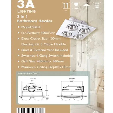 3A 4 Light Heat Bathroom 3-in-1 Heater-Bathroom Heaters-3A