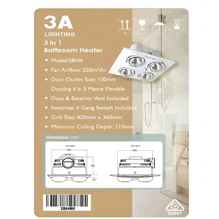 3A 4 Light Heat Bathroom 3-in-1 Heater-Bathroom Heaters-3A