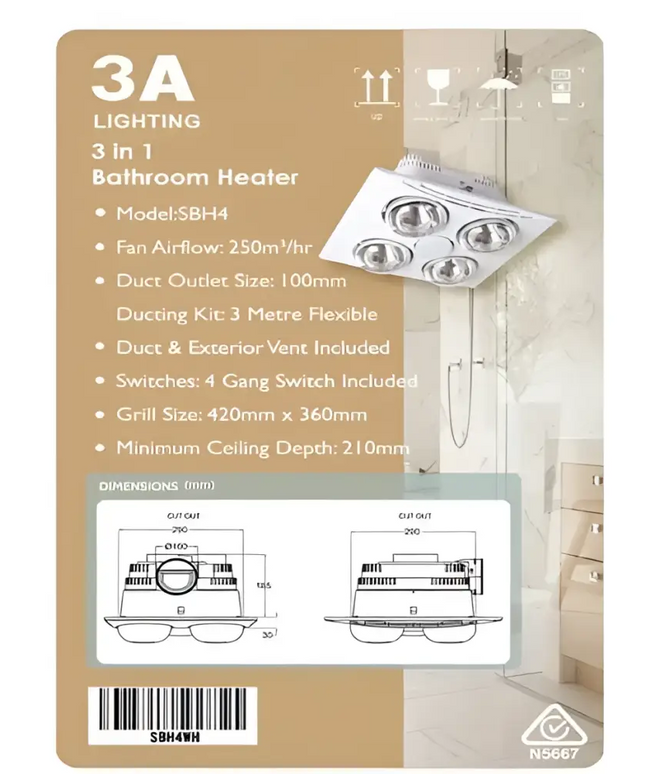 3A 4 Light Heat Bathroom 3-in-1 Heater-Bathroom Heaters-3A
