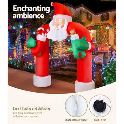 Inflatable Santa archway decoration with lights for outdoor Christmas celebrations