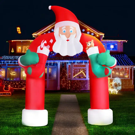 Outdoor Inflatable Santa Archway decorated with lights for Christmas celebrations