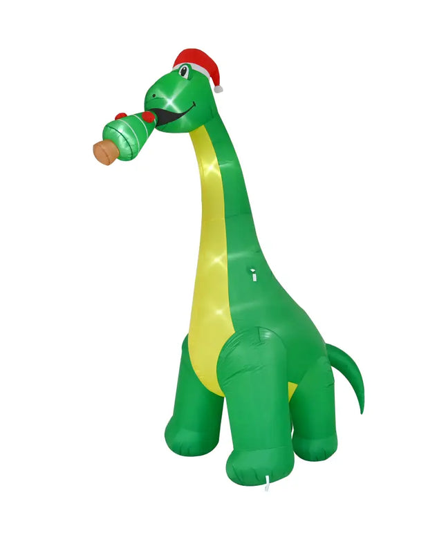 Inflatable green Tyrannosaurus Rex with Santa hat and bottle, featuring LED lights for festive decoration