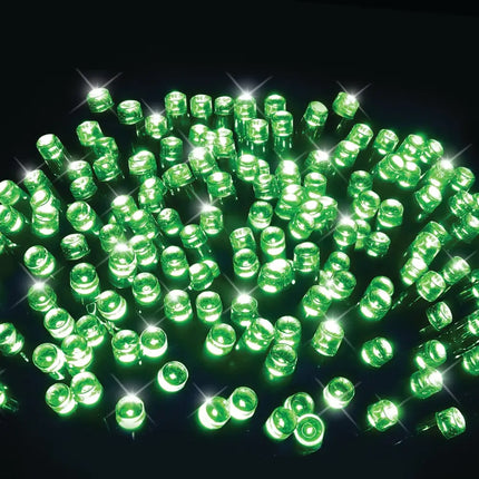 Illuminated green LED string lights from 400 LED flashing lights set in five colors