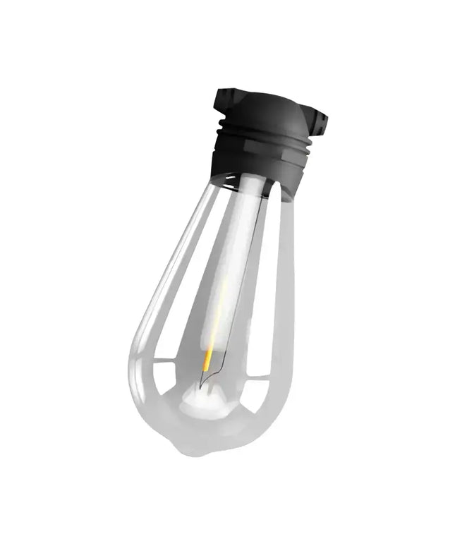 Clear glass lightbulb with black base from 41m Black Solar Festoon String Lights kit