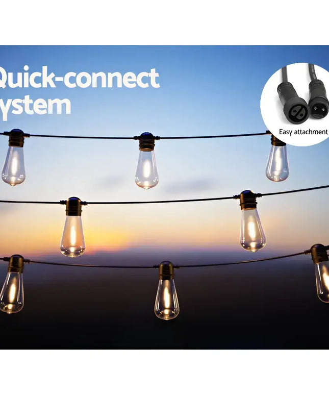 Outdoor 41-meter Black Solar Festoon String Lights with quick-connect system and 40 bulbs