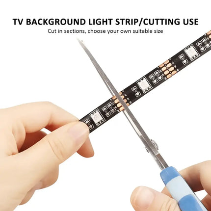 LED light strip being cut from the 4M RGB LED Strip Lights IP65 Waterproof 5050 300 LEDs 12V USB Bluetooth Gift
