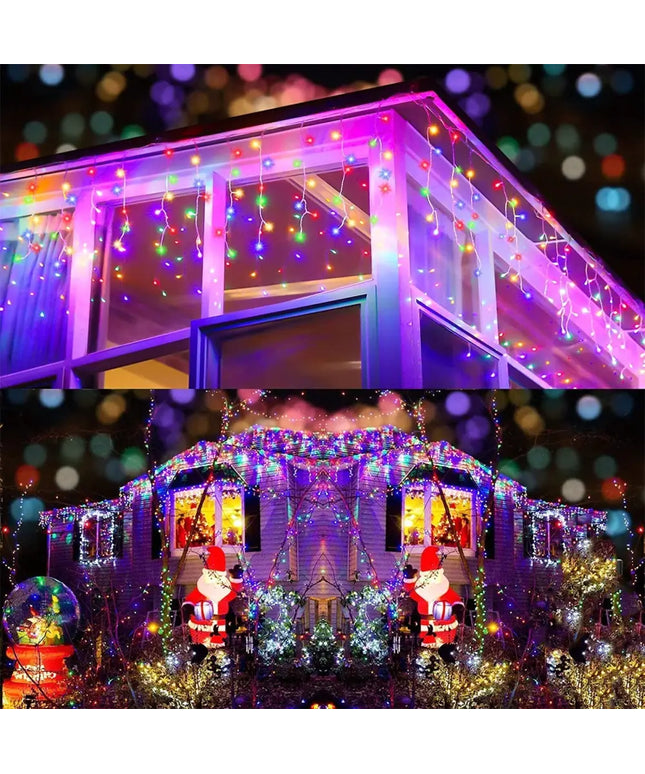 Festive Christmas lights showcasing 500 Solar LED Icicle Fairy Lights with multicolor effects