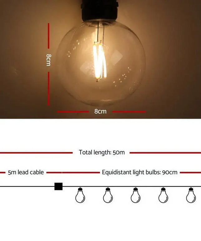 50m LED Festoon String Lights 50 G80 Bulbs Plug in Kits-Occasions > Lights-Dropli