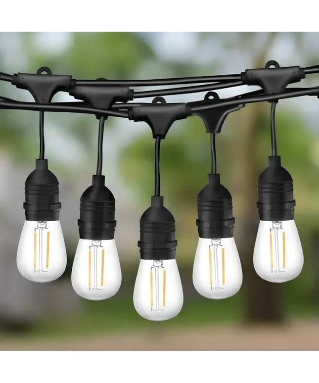 Hanging string of outdoor lights from the 50m Black Festoon String Lights with 50 Bulb Plug in Kit