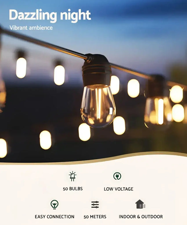 Black Solar Festoon String Lights with 50 Bulbs for outdoor decoration and ambiance