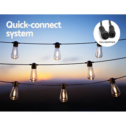 Outdoor 50m Black Solar Festoon String Lights with quick-connect system and 50 bulbs