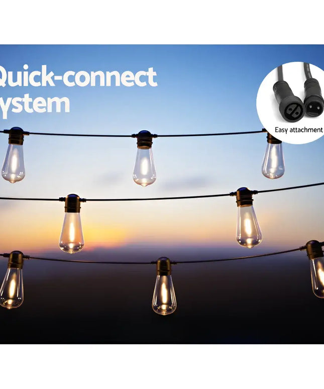 Outdoor 50m Black Solar Festoon String Lights with quick-connect system and 50 bulbs