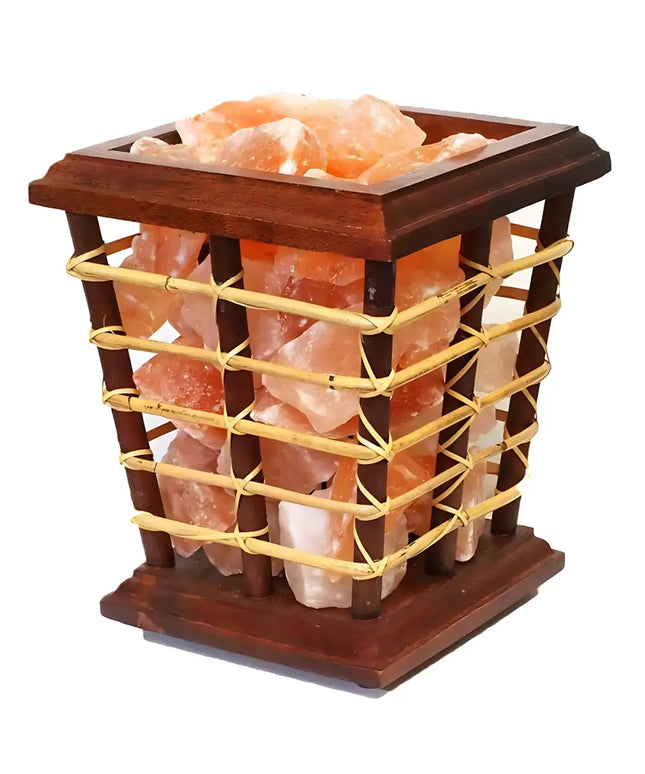 Bamboo fire basket lamp filled with 5kg Himalayan salt chunks emitting a warm glow.